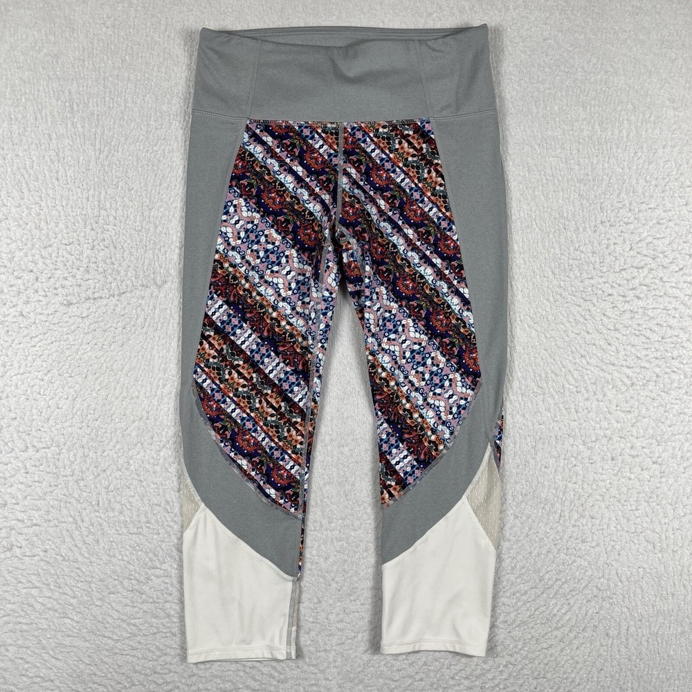 Athleta Leggings Womens M Grey Multi Floral Mesh Crop Yoga Gym Athleisure Boho